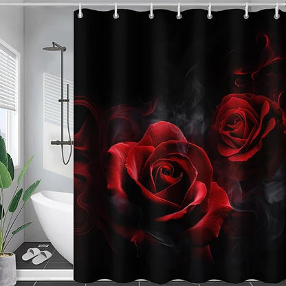 AILONEN Red and Black Rose Shower Curtain,Romantic Smoky Luxury Rose Bathroom Decor,Red Flower Garden Floral Bath Curtain,Waterproof 48" W x 72" H