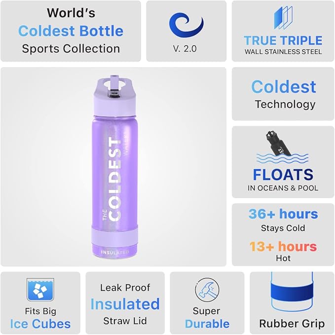 Coldest Sports Water Bottle with Straw Lid Vacuum Insulated Stainless Steel Metal Thermos Bottles Reusable Leak Proof Flask for Sports Gym (18 oz, Saturn's Moon Purple Glitter)
