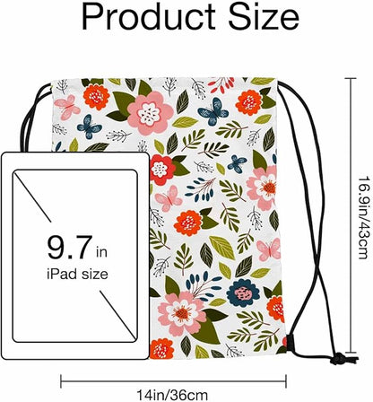 Drawstring Bag Sports Backpack Flowers Pattern Pink Butterflies Green Leaves Sutiable for Dance Sports Beach Short Travel Stroage 14x16.9 Inch