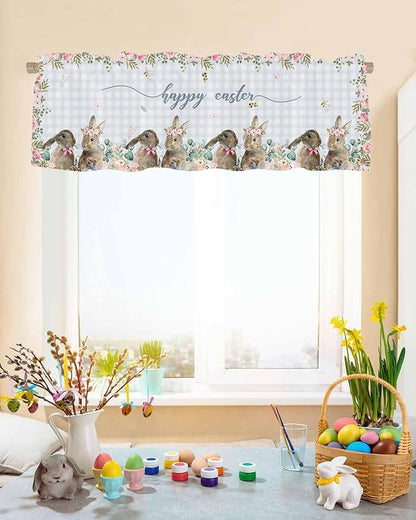 Rabbits Flowers Easter Kitchen Curtains Valances for Windows Eucalyptus Leaf Spring Summer Rod Pocket Window Treatment for Kitchen /Living Room/Bedroom/ Bathroom, 60" X 18", Grey White Buffalo Plaid