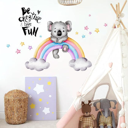 Cartoon Koala on Rainbow Wall Decal - 88cm x 34.64in Finished Size, Inspiring 'Be Creative & Have Fun' Message