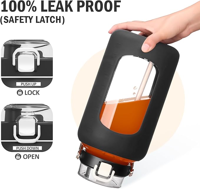 84oz Glass Water Bottle with Stainless Steel Handle,2.5L Gallon Water Bottle With 2-IN-1 Straw Lid, Silicone Sleeve and Motivational Capacity Marker, Wide Mouth Water Jug For Gym, Workout, Black