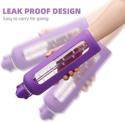 20 oz Glass Water Bottles with Straw Borosilicate Glass Water Bottle with Time Marker Motivational Water Bottles with Silicone Sleeve Leak Proof Reusable BPA Free