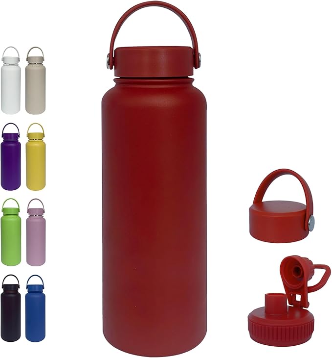 40oz Insulated Water Bottle ，Stainless Steel Sports Water Cup Flask with 2 Lids, Wide Mouth Travel Thermal Mug,Outdoor Sports Bottle（Deep red）