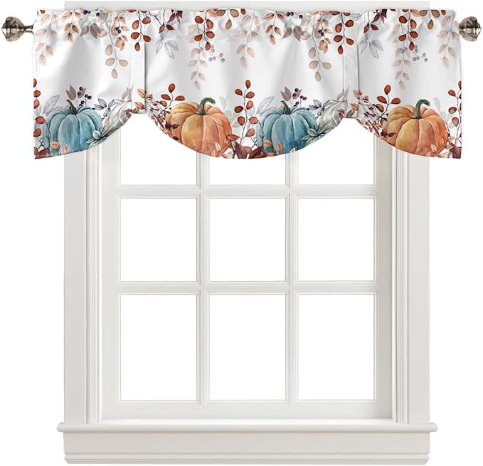 Fall Thanksgiving Blackout Tie Up Valance Curtains for Kitchen Windows Watercolor Autumn Pumpkins Eucalyptus Leaves Window Toppers Balloon Shades for Living Room/Bathroom/Bedroom,54" X 18",Blue Orange