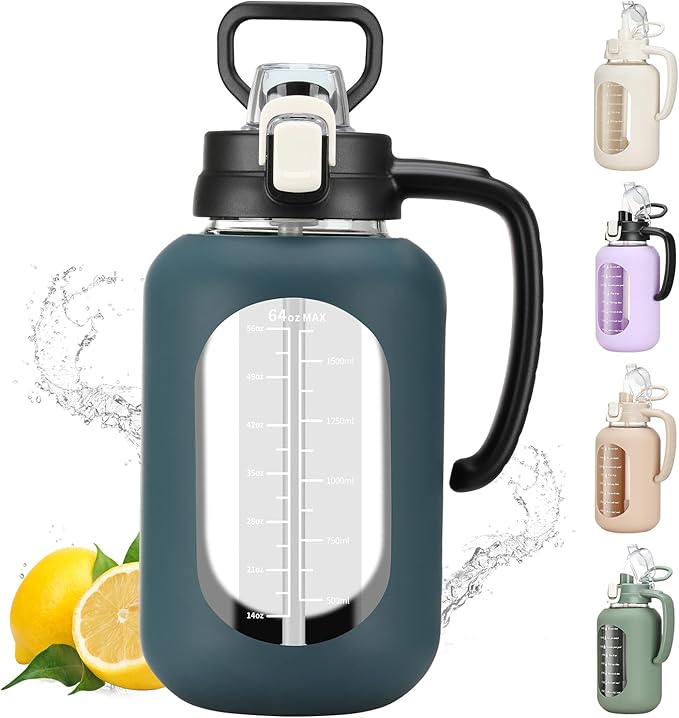 64oz Glass Water Bolttles Half Gallon Large Motivational Water Bottle with Time Marker Sports Water Bottles with Silicone Sleeve and Handle Lid Water Jug for Gym Workout-1 Pack