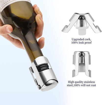 2Pcs Champagne Stoppers, Stainless Steel Wine Stopper, Food Grade Silicone Sparkling Wine Bottle Stoppers for Storing Champagne and Sparkling Wine, Leak-Proof, Sealed, Reusable (Silver)
