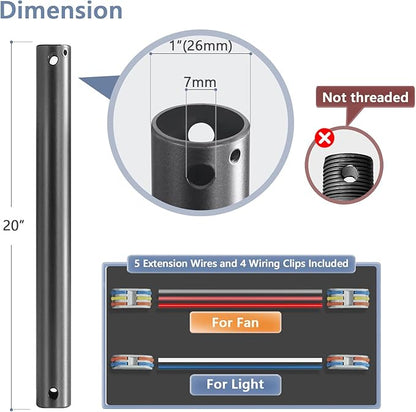 20" Ceiling Fan Downrod, 【1 Outside Diameter】 Black Extended Downrod, including 4 Wire Connectors and 5 Extension Wires (No Threads)