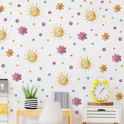 Watercolor Boho Smiling Sun Wall Decals Removable DIY Colorful Flowers Wall Decal Peel and Stick Dewdrops Wall Stickers Wall Art for Baby Nursery Bedroom Living Room Playroom Decor