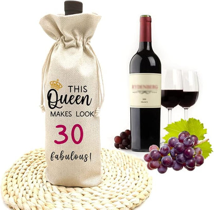 30th Birthday Wine Bag, Presents for 30st Birthday Girl, 30 Years Old Gift Idea Wine Bag for Her Girl Friend, Sister, Birthday Party Decorations, Linen Drawstring Wine Bags (30th Birthday)
