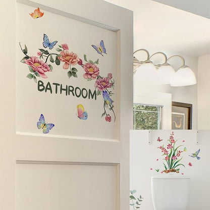 2 Sets Bathroom Decor Wall Stickers, Peony Roses Wall Stickers Floral Wall Decals, Watercolor Flowers Lily Daisy Butterfly Dragonfly Bird Wall Stickers for Bathroom Bedroom Living Room