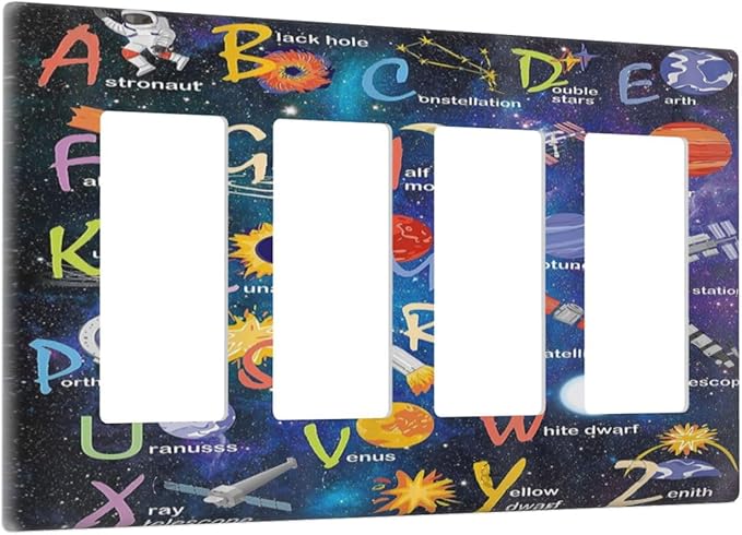 ABC Outer Space 4 Gang Rocker Decora Light Switch Cover Alphabet Galaxy Decorative Outlet Covers Wall Plate Electrical Faceplate Switchplate GFCI for Kidroom Nursery Boyroom Living Room Decor