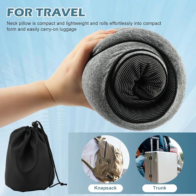 Travel Neck Pillow with Eye Covers,2pcs Earplug and Drawstring Bag,Memory Foam Travel Pillow,360° Adjustable Full Surrounding Flying Neck Pillows,for Traveling,Car,Home,Office