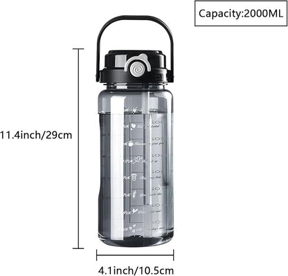 Plastic Water Bottle with Straw, 64 oz/2 L Large Water Bottle with Time Marker to Drink Leakproof Reusable Motivational Water Jug for Sports Gym Fitness Outdoor (Black)