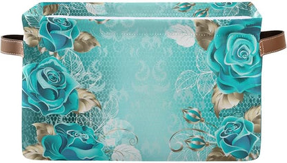 Wamika Turquoise Blue Green Rose Storage Basket Fabric Laundry Baskets Spring Flowers Leaves Storage Boxes Organizer Bag for Baby Cloth Dog Toy Book Storage Cubes Shelf Closet Bins 16x12x8 Inches