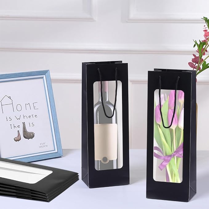 ALMOXVYE 34 Pack Wine Gift Bags with Handles, 14.2 x 4.9 x 3.4 Inch Paper Wine Bottle Bags with Clear Window, Black Wine Bags Bulk for Christmas Wedding Birthday Anniversary