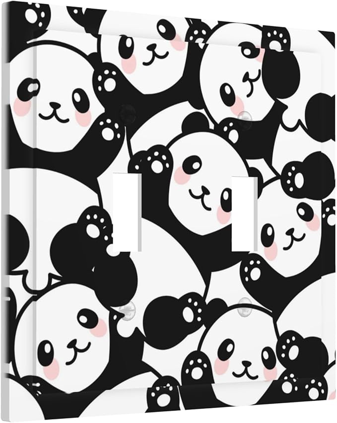 Cute Panda Double Toggle Light Switch Covers 2 Gang Wall Plate Dual Decorative Switchplate Electrical Faceplate for Bathroom Country Kitchen Bedroom Decor, 4.9" x 5"