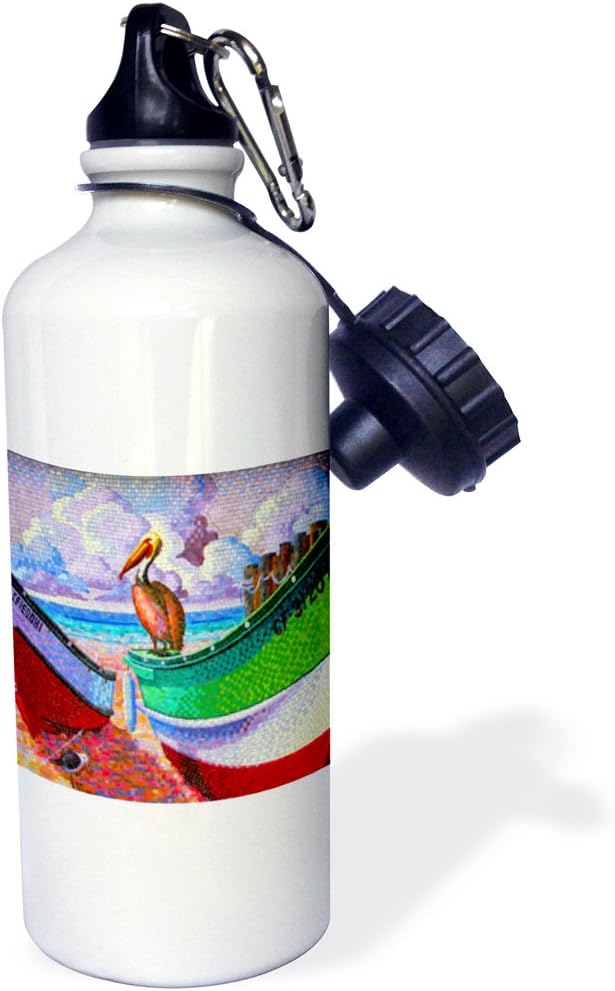 3dRose "Colors abound on our mosaic look background of a ship and pelican on the beach" Sports Water Bottle, 21 oz, White