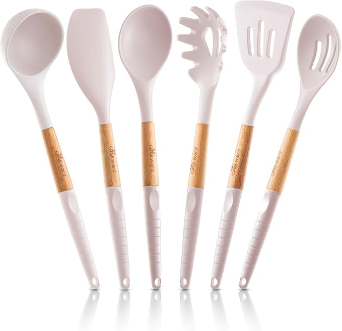 Silicone Cooking Utensils Set (6 pcs) Natural Wood Kitchen Utensils – Eco Friendly & BPA Free, Non-Scratch & Non-Stick Easy Grip -White