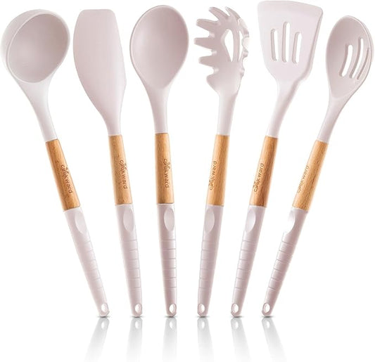 Silicone Cooking Utensils Set (6 pcs) Natural Wood Kitchen Utensils – Eco Friendly & BPA Free, Non-Scratch & Non-Stick Easy Grip -White