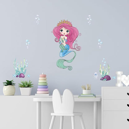 Mermaid Wall Decal for Girls Room, Princess Room Decor, Under The Sea Decorations, Ariel Little Mermaid Stickers, Vinyl Kids Wall Murals Peel and Stick for Bedroom Bathroom Nursery Living Room