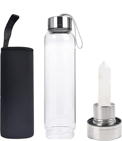 Crystal Water Bottle Glass Stainless Steel Natural Crystal Energy Cup, Healing Drink Water Cup Quartz Gemstone Water Bottle Gifts for Yoga Walking Women Men Birthday