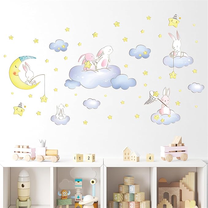 Cartoon Cute Rabbit Wall Decal The Moon and Stars Cloud Bunny Wall Stickers Nursery for Bedroom Girls Decor