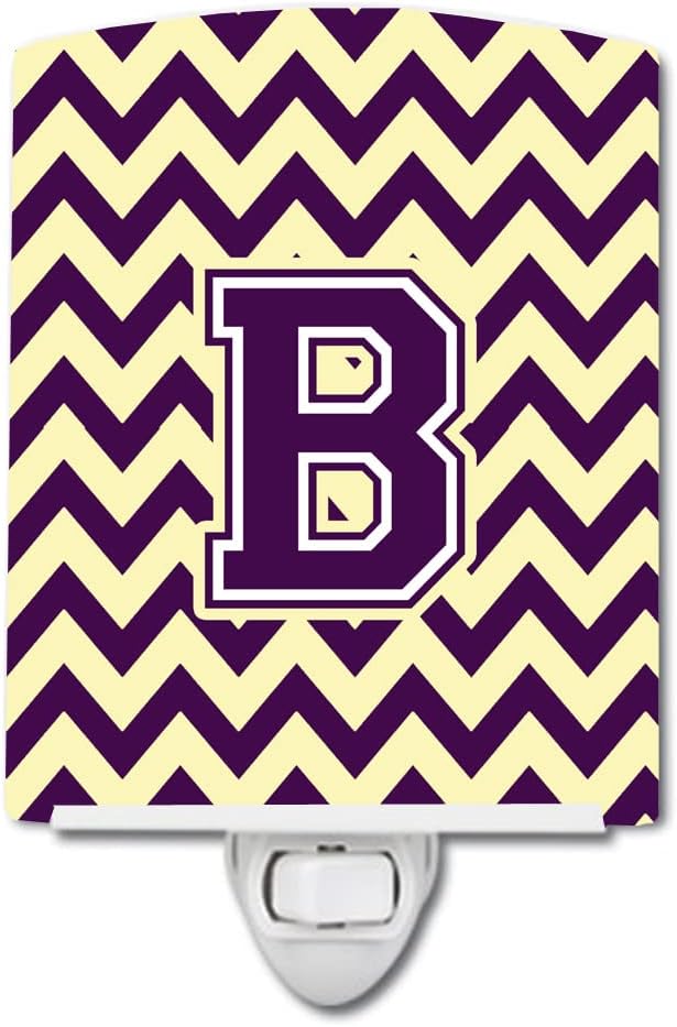Caroline's Treasures CJ1058-BCNL Letter B Chevron Purple and Gold Ceramic Night Light Compact, UL-Certified, Ideal for Bedroom, Bathroom, Nursery, Hallway, Kitchen, 6x4x3, Multicolor