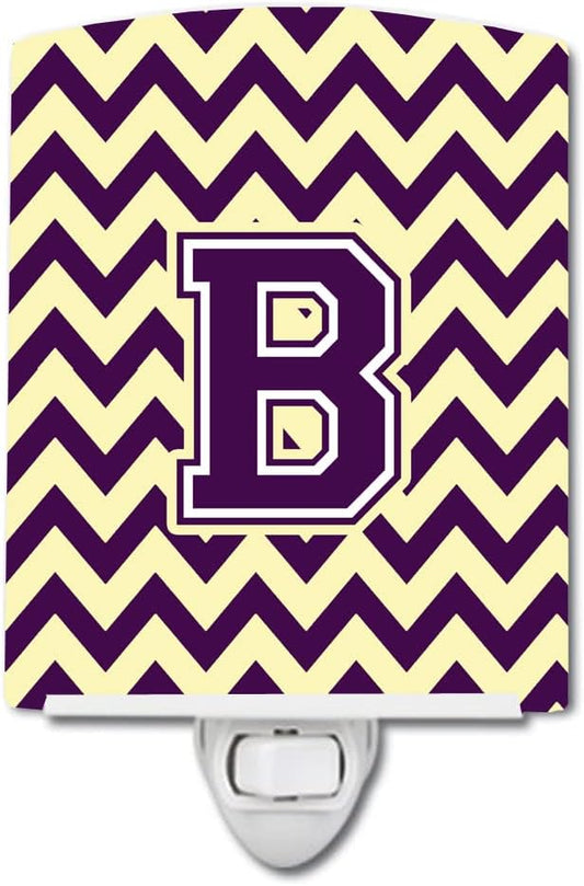 Caroline's Treasures CJ1058-BCNL Letter B Chevron Purple and Gold Ceramic Night Light Compact, UL-Certified, Ideal for Bedroom, Bathroom, Nursery, Hallway, Kitchen, 6x4x3, Multicolor
