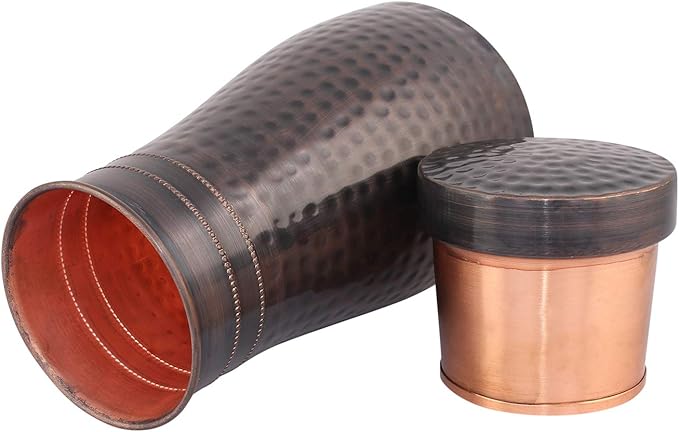 AAYUVEDA® Pure Copper Hammered Antique Bedroom Water Bottle 34oz, with In-Built Glass (Loose Lid, Pack of 1)