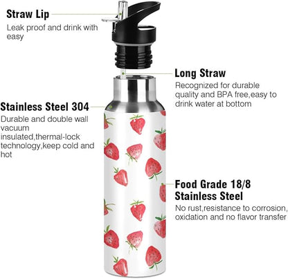 Alaza Watercolor Strawberries Fruits Water Bottle With Straw Lids Boys Girls,Vacuum Insulated Leakproof Stainless-Steel Sports Bottle Thermal Flask For Gym Yoga Camping,34Oz (1000Ml)