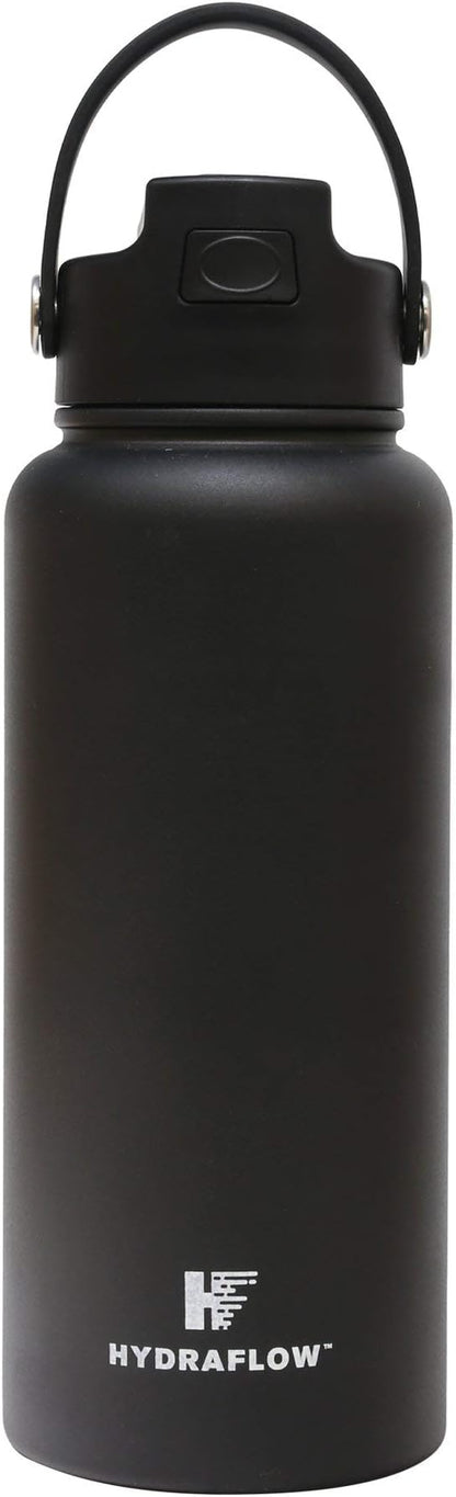Hydraflow Hybrid - Triple Wall Vacuum Insulated Water Bottle with Flip Straw (34oz, Powder Black) Stainless Steel Metal Thermos, Reusable Leak Proof BPA-FREE for Sports and Travel