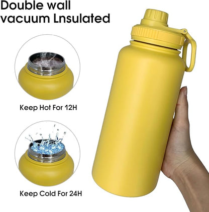 32oz Insulated Water Bottle ，Stainless Steel Sports Water Cup Flask with 2 Lids, Wide Mouth Travel Thermal Mug,Outdoor Sports Bottle（Mango yellow）