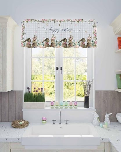 Rabbits Flowers Easter Kitchen Curtains Valances for Windows Eucalyptus Leaf Spring Summer Rod Pocket Window Treatment for Kitchen /Living Room/Bedroom/ Bathroom, 60" X 18", Grey White Buffalo Plaid