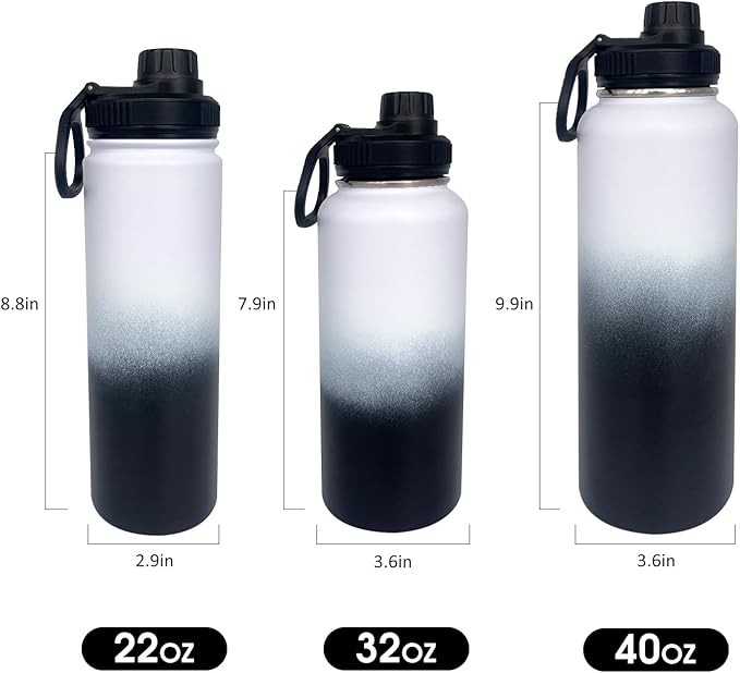 4pack 22 oz Insulated Water Bottle With Straw, Stainless Steel Sports Water Cup Flask with 2 Lids, Wide Mouth Travel Thermal Mug,Black white
