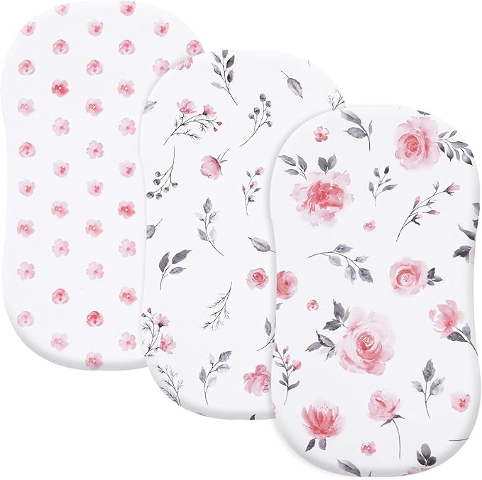 3 Pack Bassinet Sheets, Ultra Soft Breathable Comfortable Baby Sheet Set for Boys Girls Neutral, Univeral Fit for Most Cradle and Bassinet Mattress, Floral Flowers