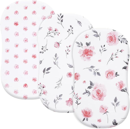 3 Pack Bassinet Sheets, Ultra Soft Breathable Comfortable Baby Sheet Set for Boys Girls Neutral, Univeral Fit for Most Cradle and Bassinet Mattress, Floral Flowers