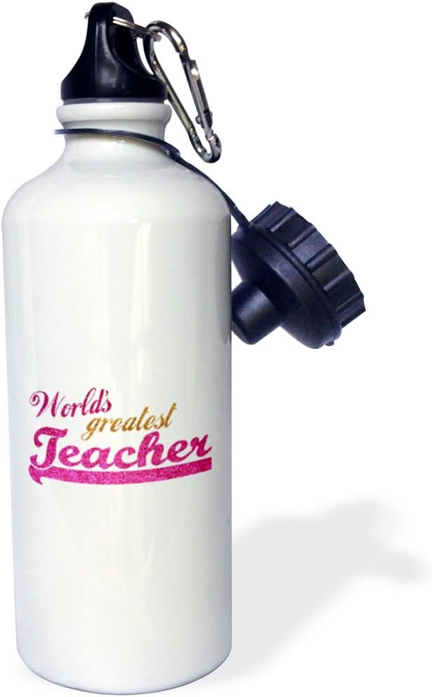3dRose Worlds Greatest Teacher-Hot Pink and Gold Text for Females-School Teacher Appreciation Gifts Sports Water Bottle, 21 oz, White