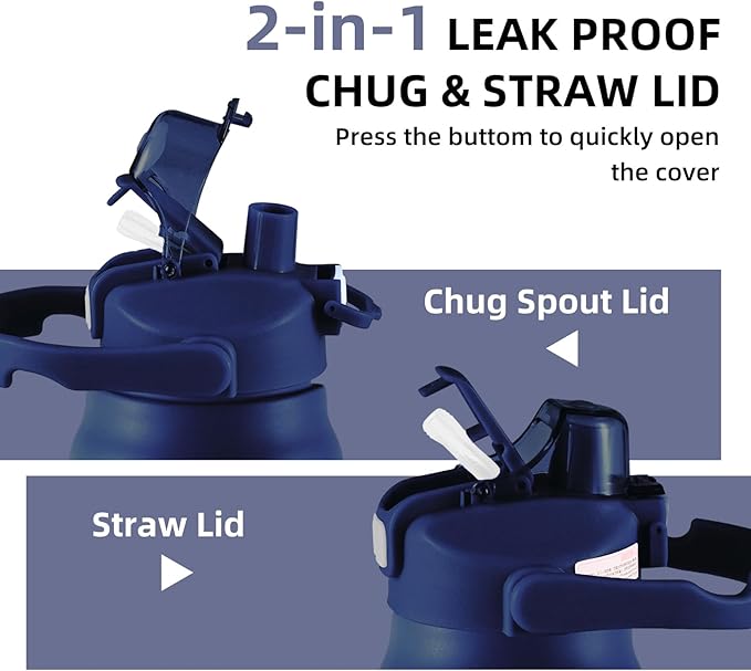 50oz/1.5L Insulated Sports Water Bottle, Stainless Steel Double Wall Water Jug with Handle, 2-in-1 Chug Spout and Straw Lid with Lock Cover for School, Outdoor, Sports & Travel, Navy Blue