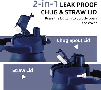 50oz/1.5L Insulated Sports Water Bottle, Stainless Steel Double Wall Water Jug with Handle, 2-in-1 Chug Spout and Straw Lid with Lock Cover for School, Outdoor, Sports & Travel, Navy Blue