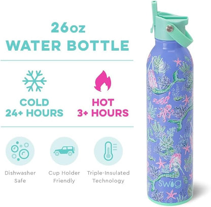 Swig Life 26oz Insulated Water Bottle with Straw & Flip + Sip Handle | Leak Proof, Dishwasher Safe, Cup Holder Friendly, Stainless Steel Water Bottle (Under the Sea)