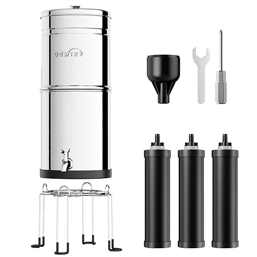 3.25G Gravity Water Filter System, NSF/ANSI 42&372 Standard, 304 Stainless Steel Countertop System with 3 Carbon Filters and Stand, Reduce 99% Chlorine and Lead