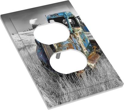 Vintage Country Old Blue Truck 1 Gang Outlet Plate Covers Decorative Single Duplex Wall Plate Rustic Electrical Receptacle Light Switch Cover Art Faceplate Switchplate for Bathroom Living Room Decor