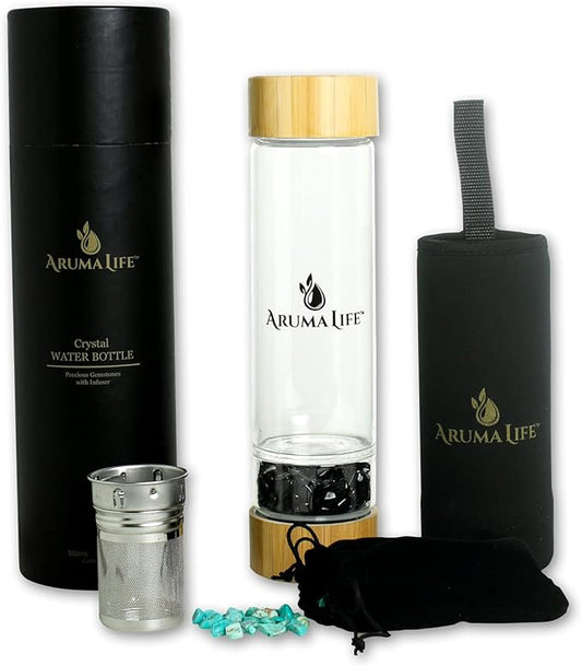 Crystal Water Bottle with a Loose-Leaf Tea or Fruit Infuser, Safe for Hot and Cold Drinks, Eco-friendly & Plus BONUS Protective Sleeve & Extra Set of Crystals (Obsidian & Turquoise)