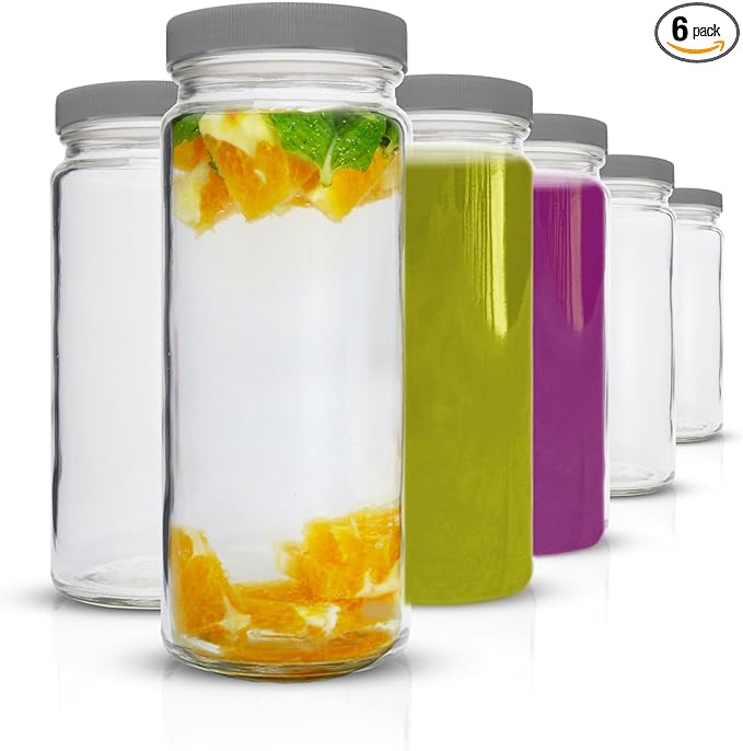 All About Juicing Clear Glass Water Bottles Set - 6 Pack Wide Mouth with Lids for Juice, Smoothies, Beverage Storage - 16 oz, Durable, Reusable, Dishwasher Safe, Leak Proof (Grey Caps)
