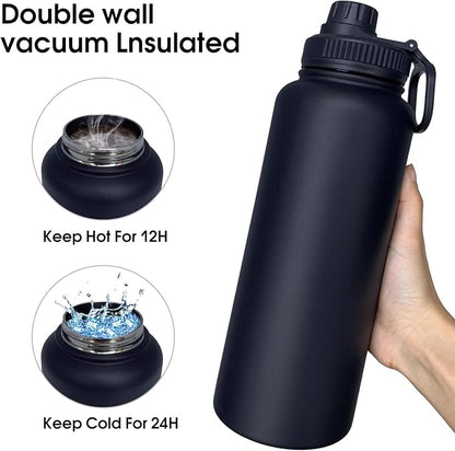 40oz Insulated Water Bottle ，Stainless Steel Sports Water Cup Flask with 2 Lids, Wide Mouth Travel Thermal Mug,Outdoor Sports Bottle（Blue Black）