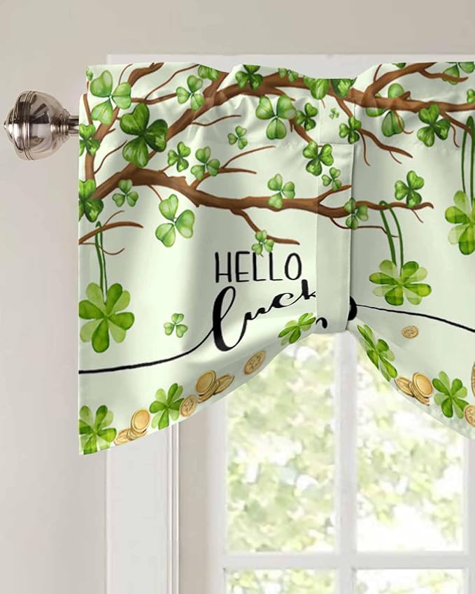 Lucky Cat St. Patrick's Day Blackout Tie Up Valance Curtains for Kitchen Windows Green Spring Shamrocks Tree Window Toppers Balloon Shades for Living Room/Bathroom/Bedroom,1 Panel, 42" X 18"