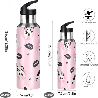 ALAZA Cute French Bulldog Puppy Dog Water Bottle With Straw Lids Boys Girls,Vacuum Insulated Leakproof Stainless-Steel Sports Bottle Thermal Flask For Gym Yoga Camping,20Oz (600Ml)