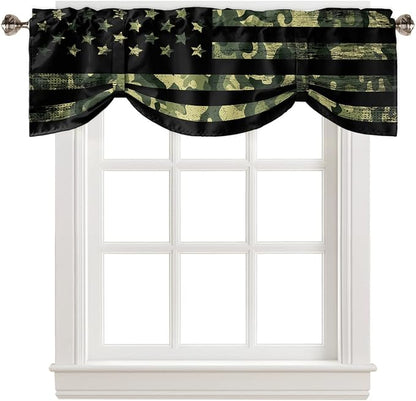 Rustic Green Camo Military Pattern American Flag Blackout Tie Up Valance Curtains for Kitchen Windows Camouflage Window Toppers Balloon Shades for Living Room/Bathroom/Bedroom,1 Panel,42" X 12"
