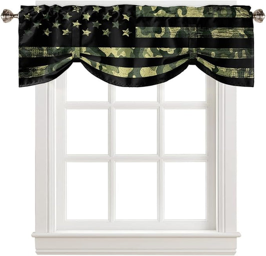 Rustic Green Camo Military Pattern American Flag Blackout Tie Up Valance Curtains for Kitchen Windows Camouflage Window Toppers Balloon Shades for Living Room/Bathroom/Bedroom,1 Panel,42" X 12"